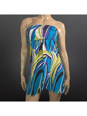Y2K Strapless Mod Print Babydoll Mini Dress Long Tunic Top Size S Blue Green